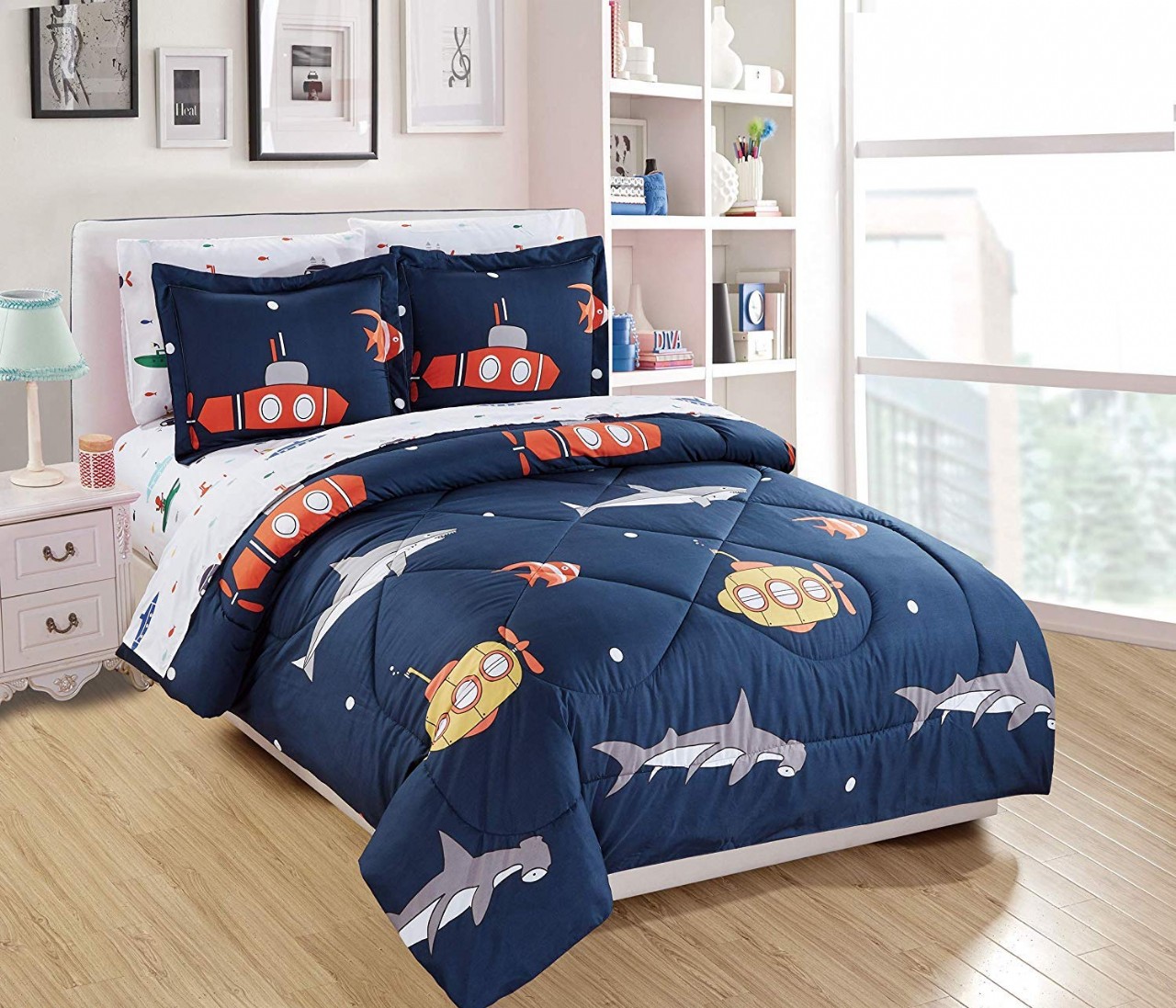 Elegant Home Multicolor Marine Life Sharks Fish Submarines Design 5 Piece Comforter Bedding Set for