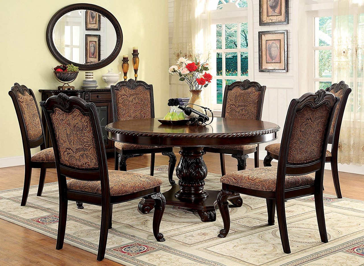 Ferrara 7-Piece Elegant Round Dining Table Set, Brown Cherry Furniture of America