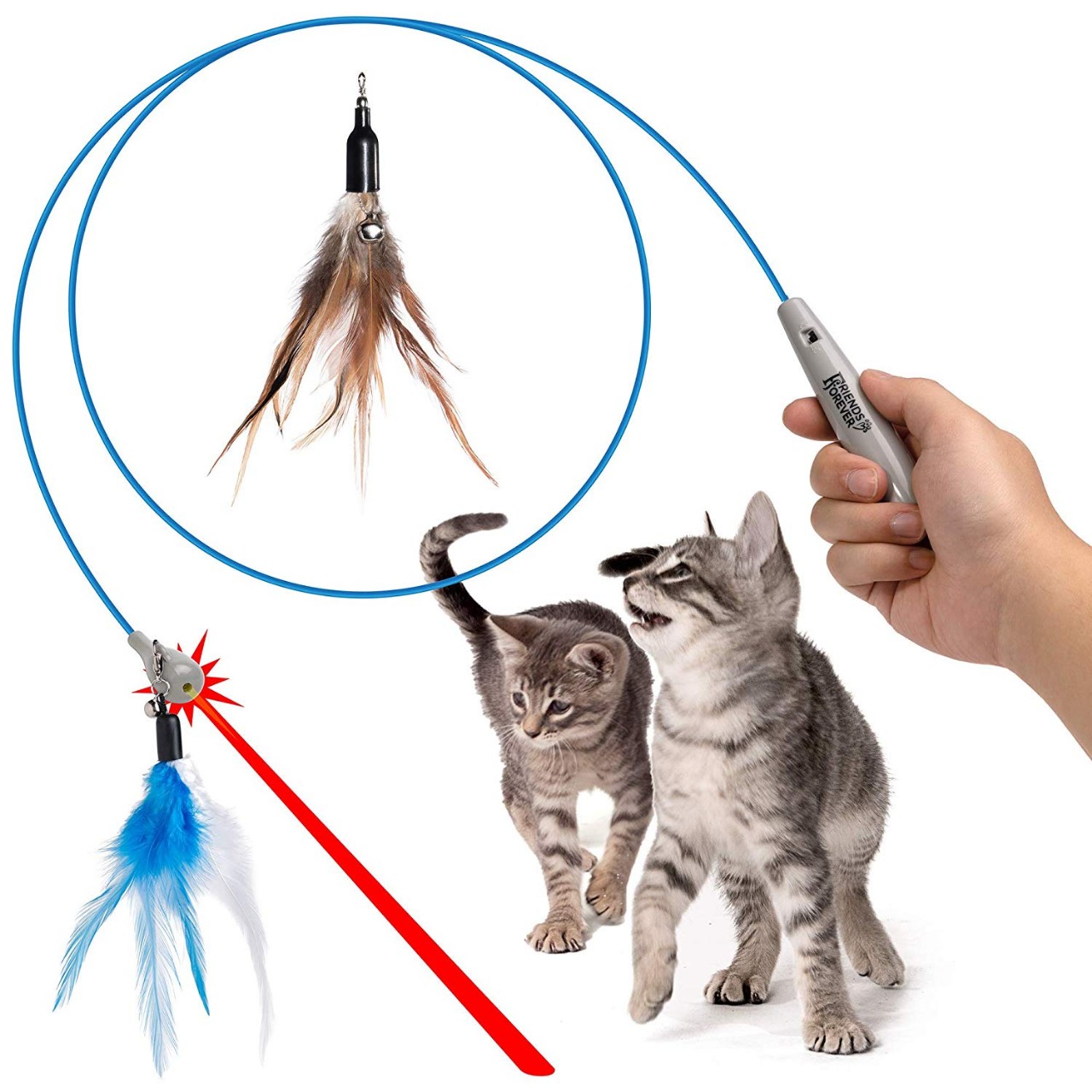 Friends Forever Interactive Feather Cat Toys Wand with Built-in Laser Pointer Tip, 2-in-1 Kitty Teas