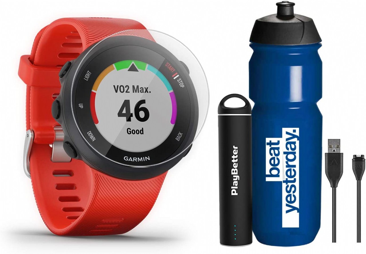 Garmin Forerunner 45 (Lava Red) Running GPS Watch Runner Bundle | +Garmin Water Bottle, HD Screen