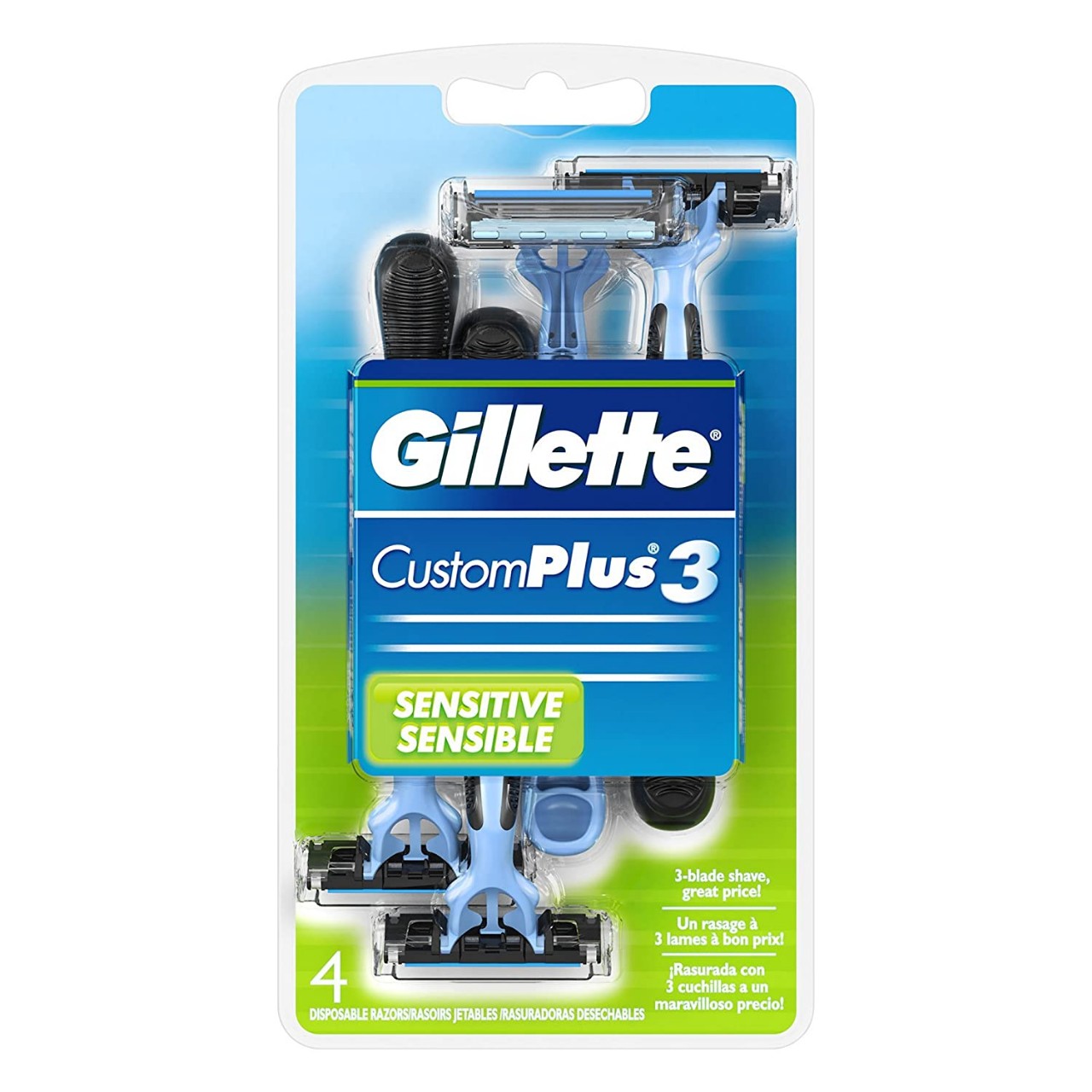 Gillette CustomPlus 3 Disposable Razor, Sensitive, 4 Count, Mens Razors/Blades