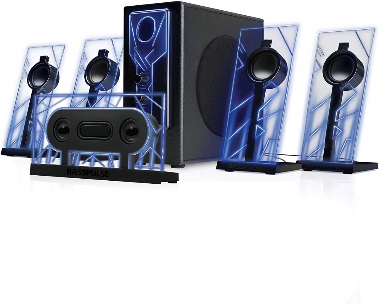 GOgroove BassPULSE 5.1 Computer Speakers Surround Sound with Subwoofer, 80 Watts and Blue LED Glow