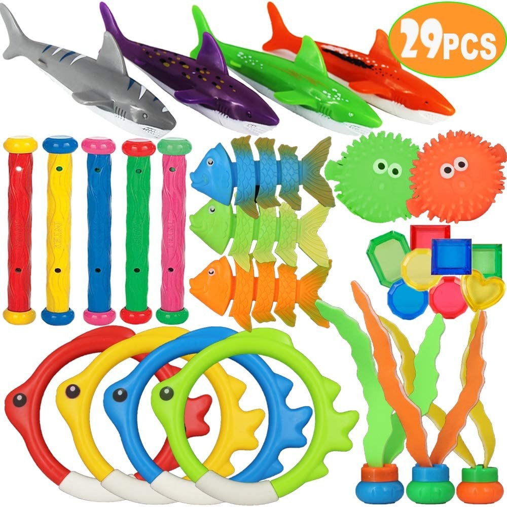 heytech 29 PCS Dive Toys Pool Toys Underwater Swimming Toys Diving Torpedos, Diving Rings, Diving