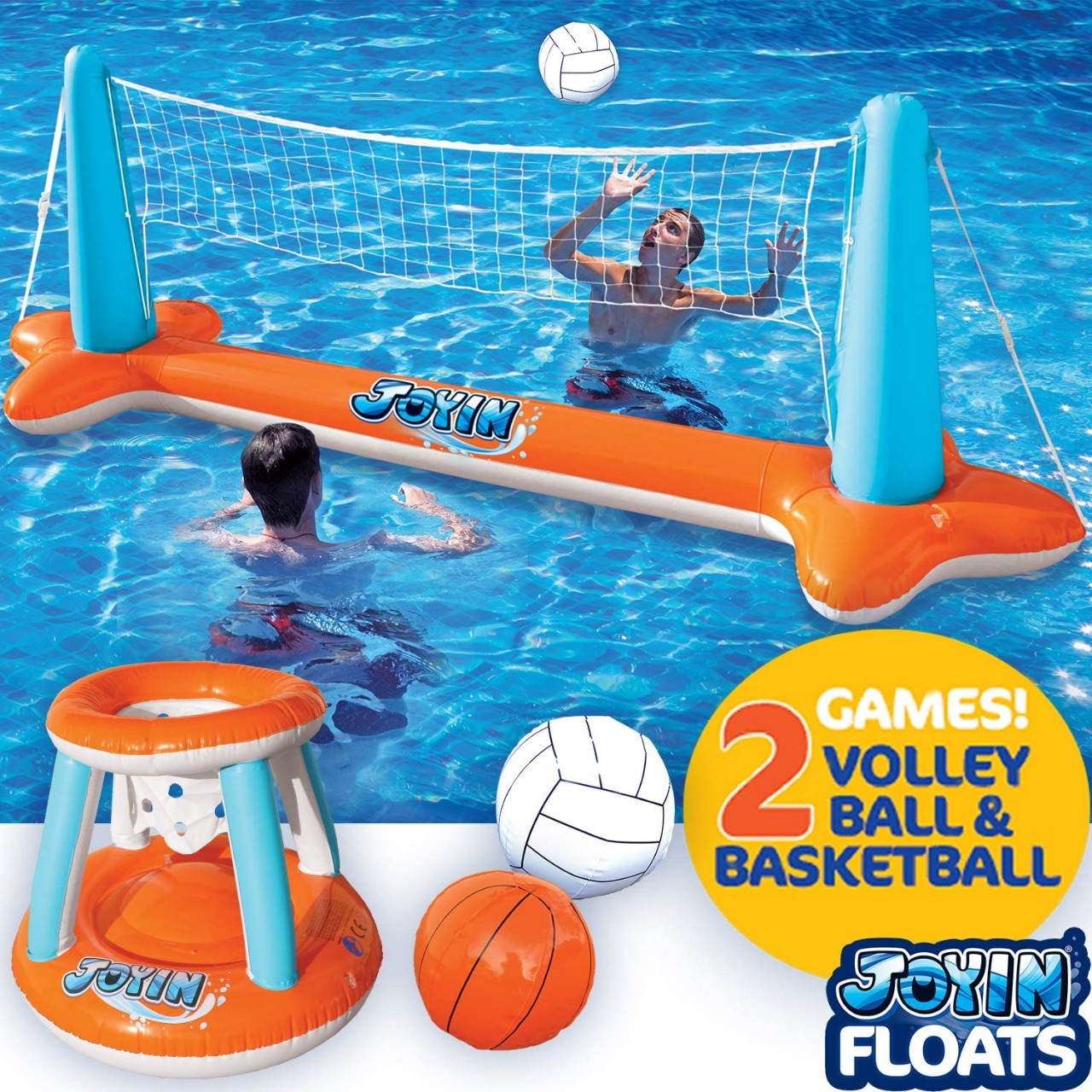 Inflatable Pool Float Set Volleyball Net & Basketball Hoops; Balls Included for Kids and Adults Swim