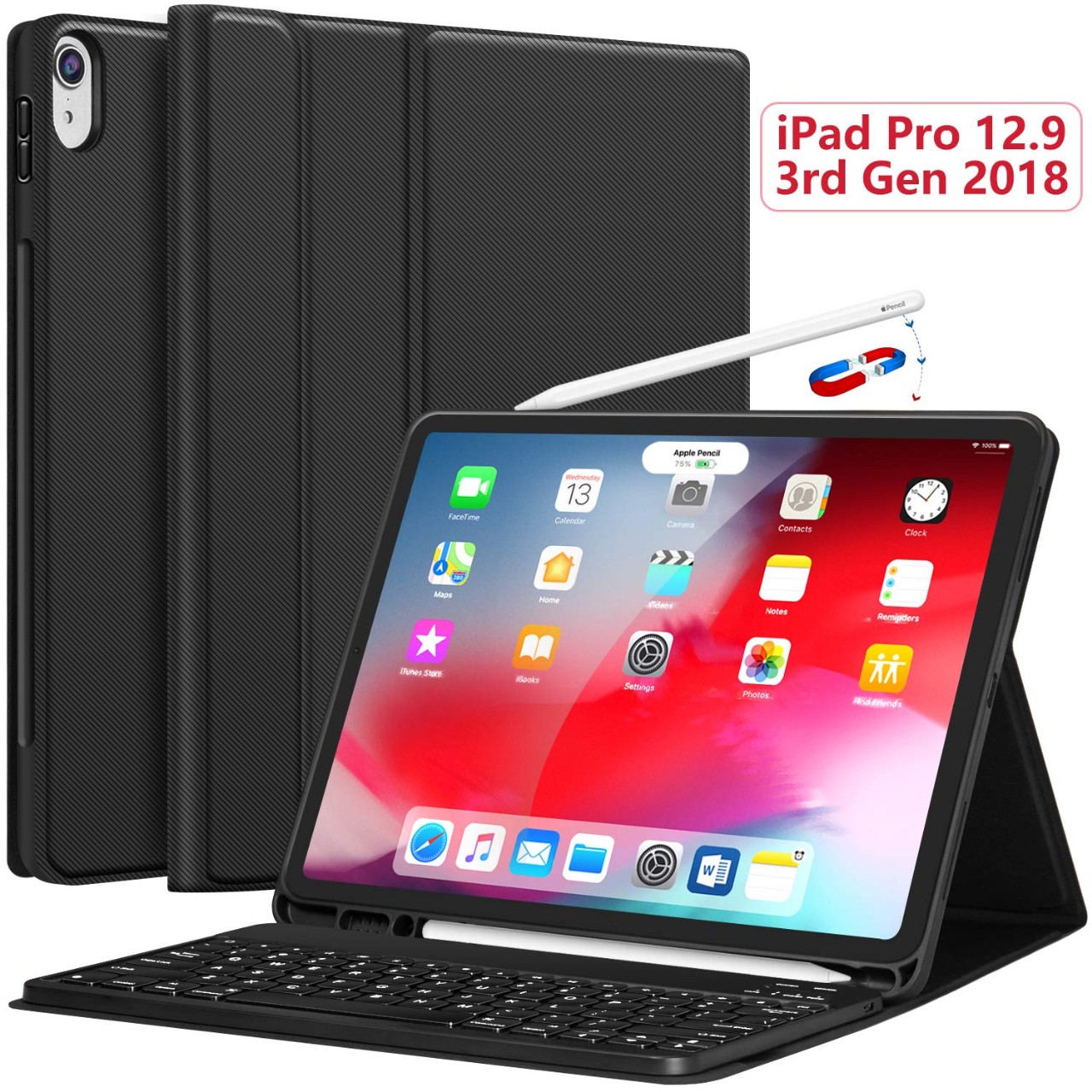 iPad Pro 12.9 Case with Keyboard 2018-3rd Gen [Support Apple Pencil Charging] [with Pencil Holder]