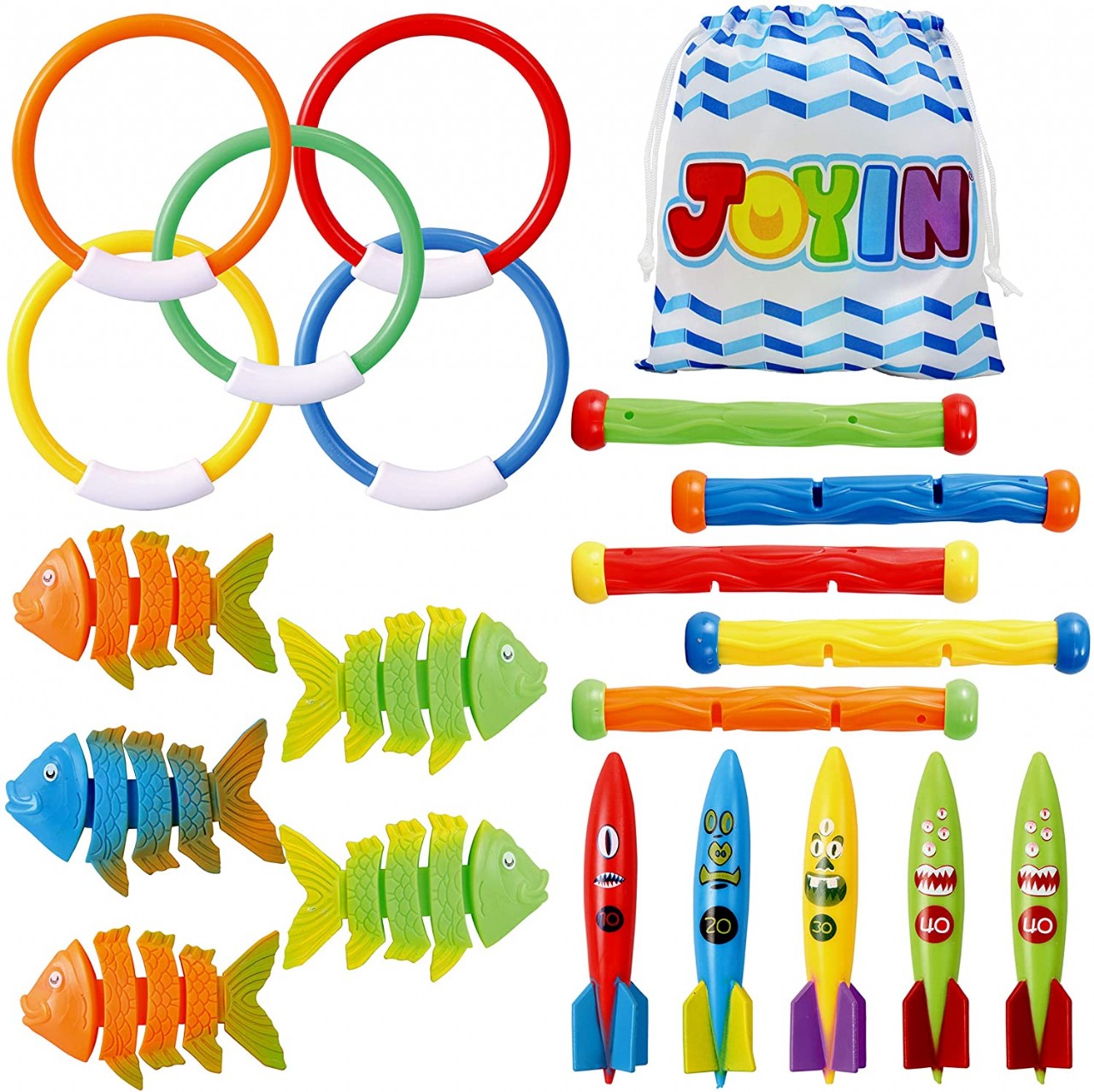 JOYIN 20 Pcs Diving Pool Toys Set with Bonus Storage Bag Includes 5 Diving Sticks, 5 Diving Rings
