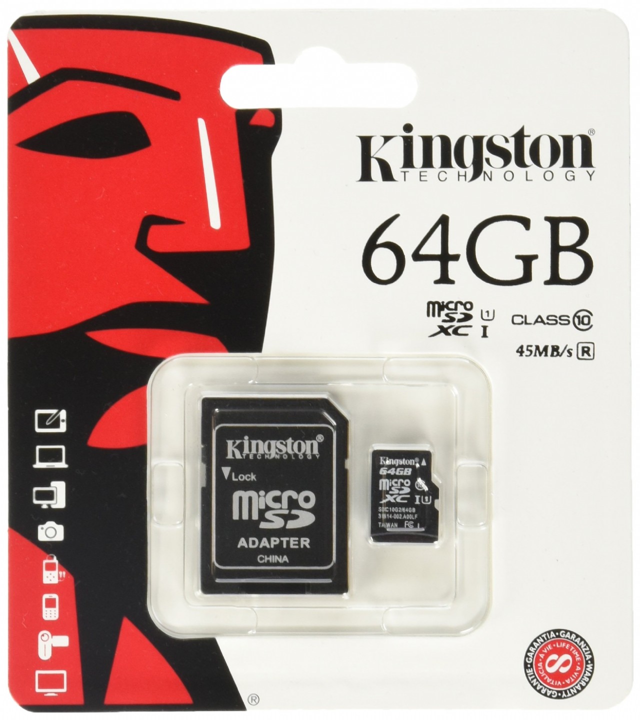 Kingston Digital 64 GB microSD Class 10 UHS-1 Memory Card 30MB/s with Adapter (SDCX10/64GB)