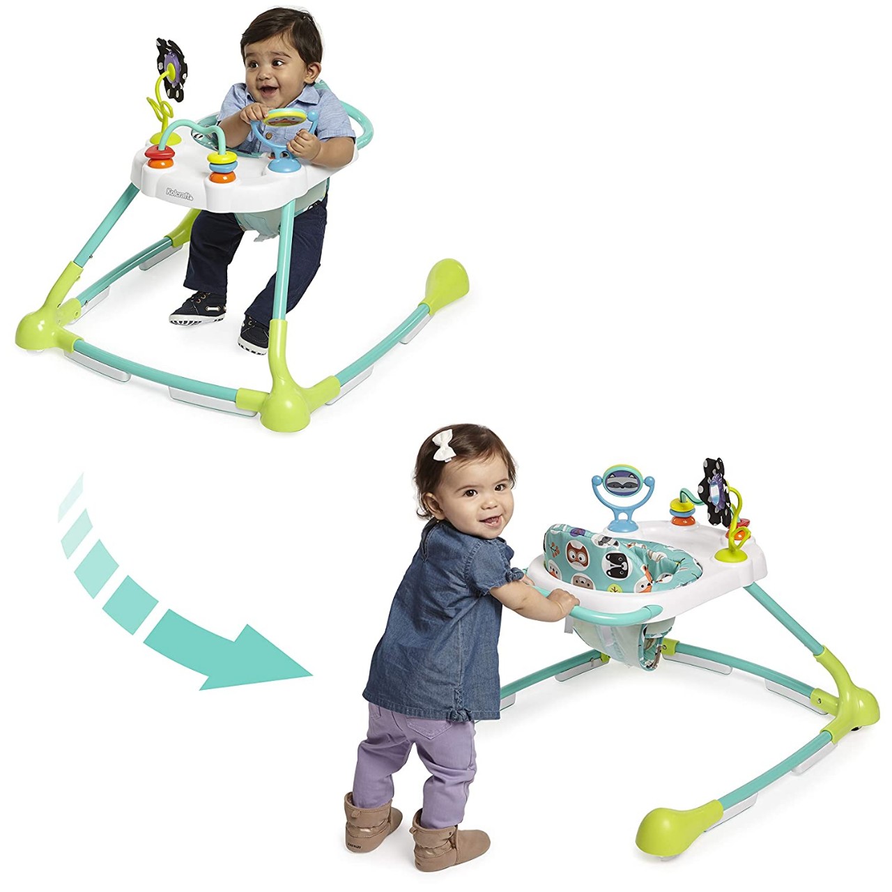 Kolcraft Tiny Steps Too 2-in-1 Infant & Baby Activity Walker - Seated or Walk-Behind, Forest Friends