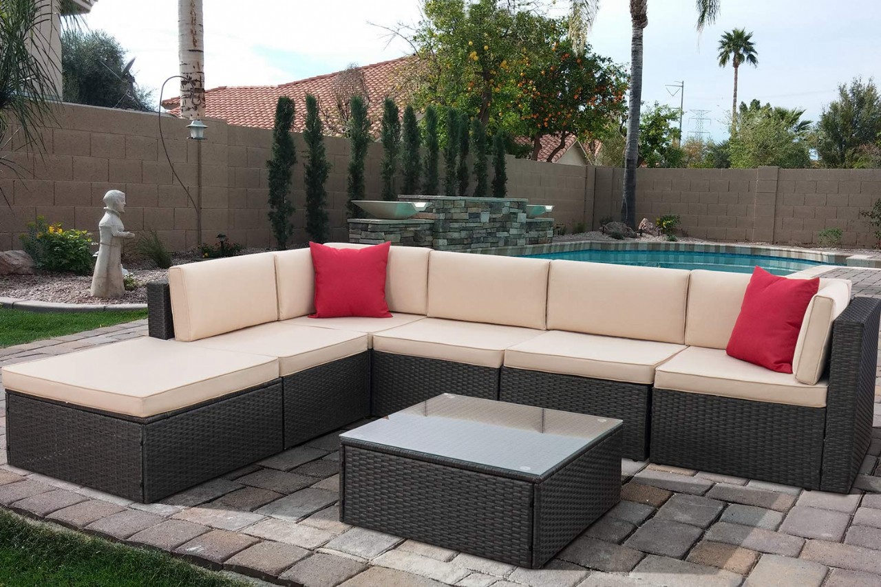 Lawn Garden Outdoor Patio Furniture Sets, Black Brown Ratten Wicker Sectional Sofa Sectional
