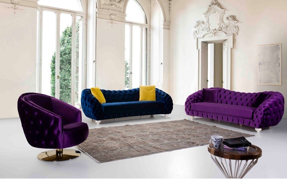 Luxury Chesterfield Sofa Set Velvet Purple and Blue