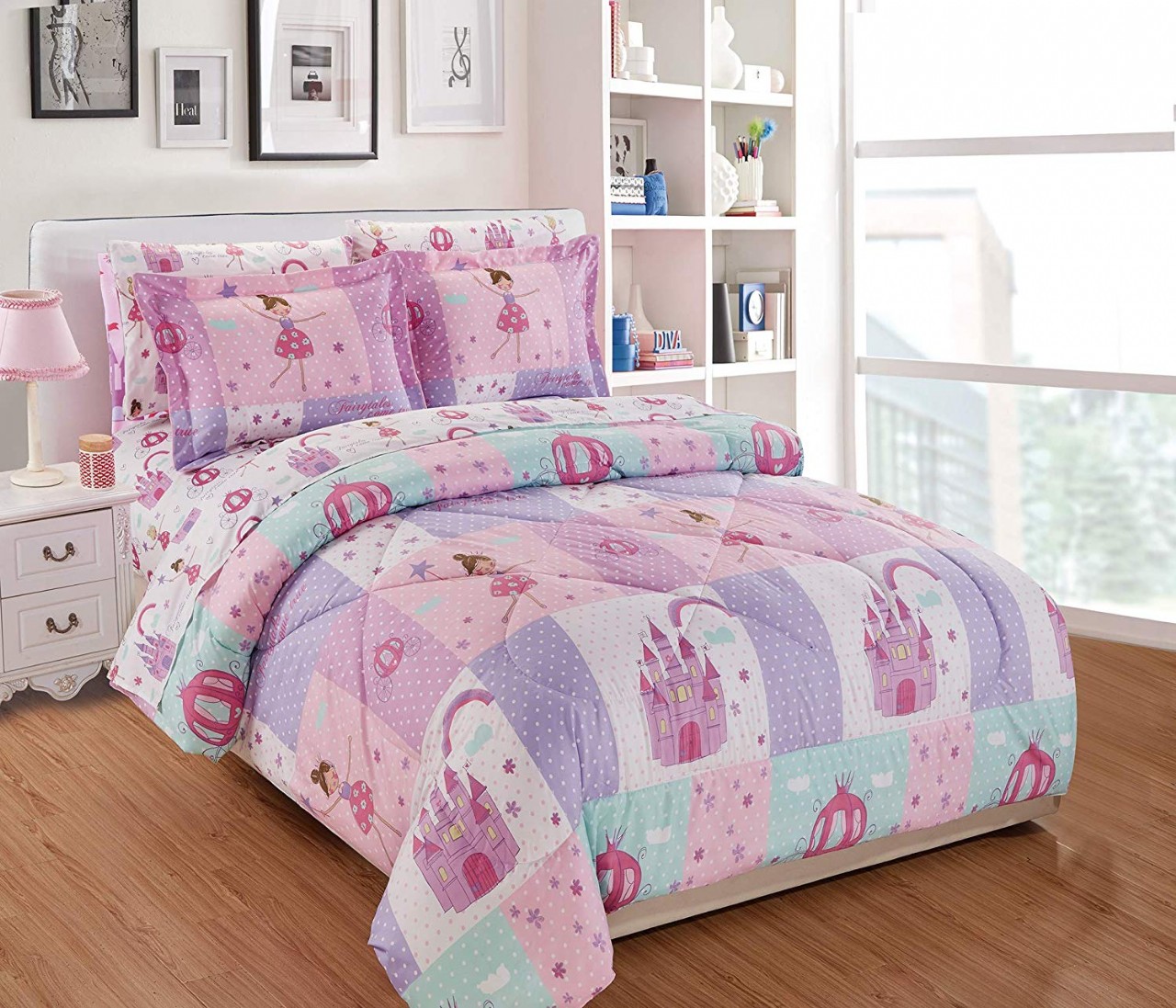Luxury Home Collection 7 Piece Kids Comforter Set Fairy Castle Cloud Pink Purple Blue (Full Comforte