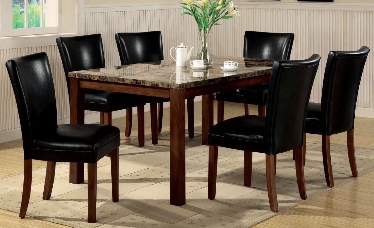 Marble dining sets Dining Table Parson Chairs Set Black Leather Like Rich Cherry Finish