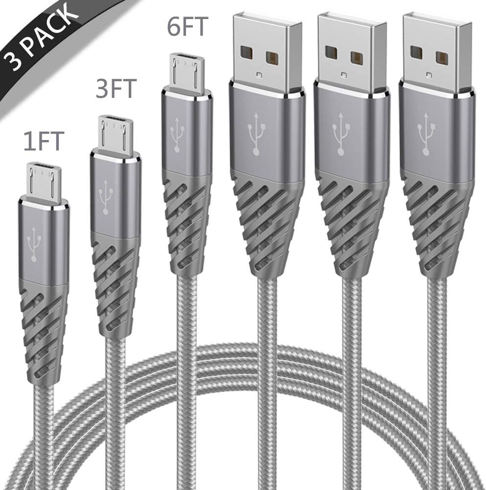 Micro USB Cable Android,3 Pack 1FT 3FT 6FT High Speed Cell Phone Charger Nylon Braided Fast Charging