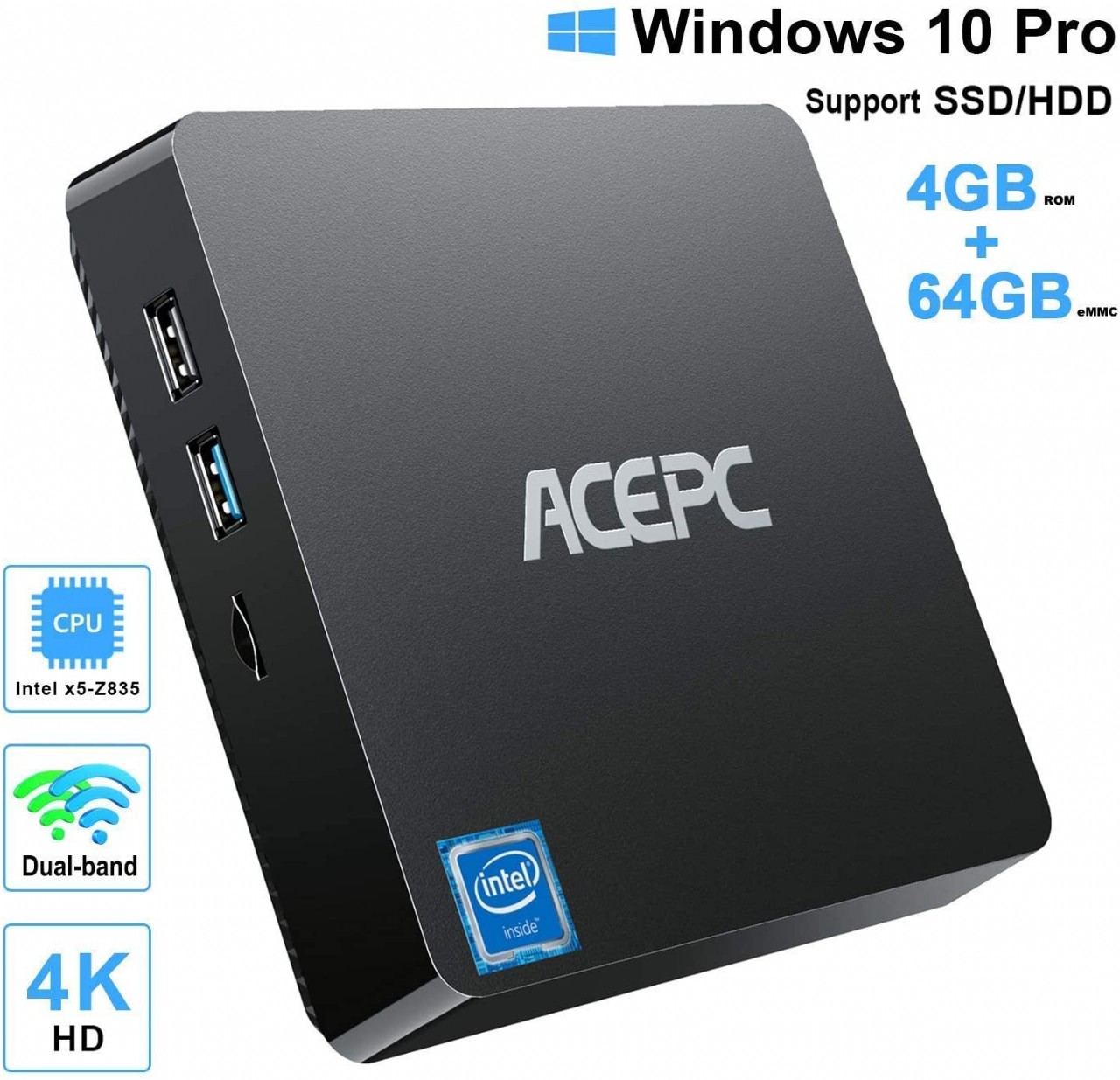 Mini PC Intel Atom Z8350 Windows 10 Pro Mini Computer 4GB DDR 64GB eMMC,Support 4K HD,2.4G/5G WiFi