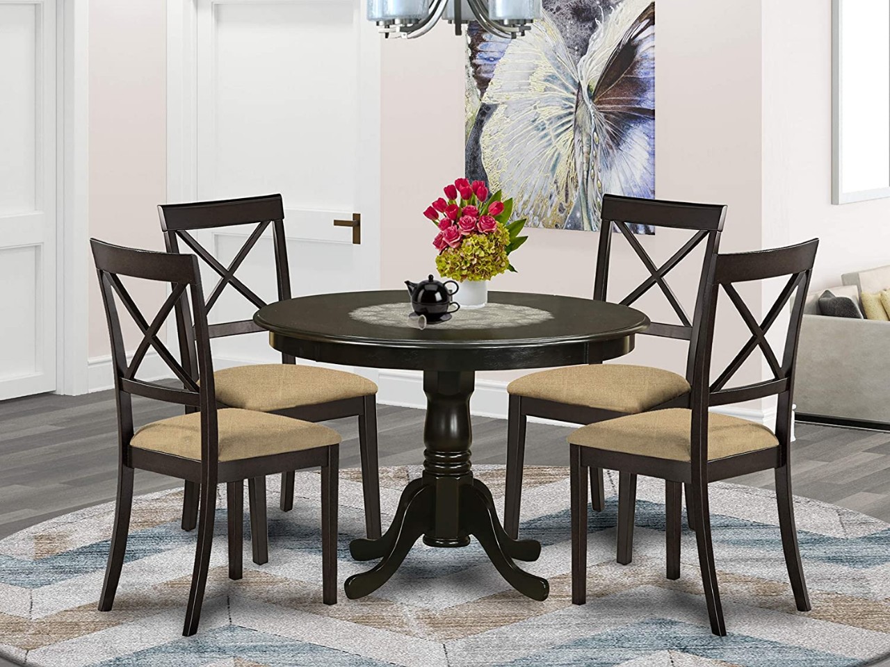 modern dining table set includes a round wooden dining table and 4 dining chairs