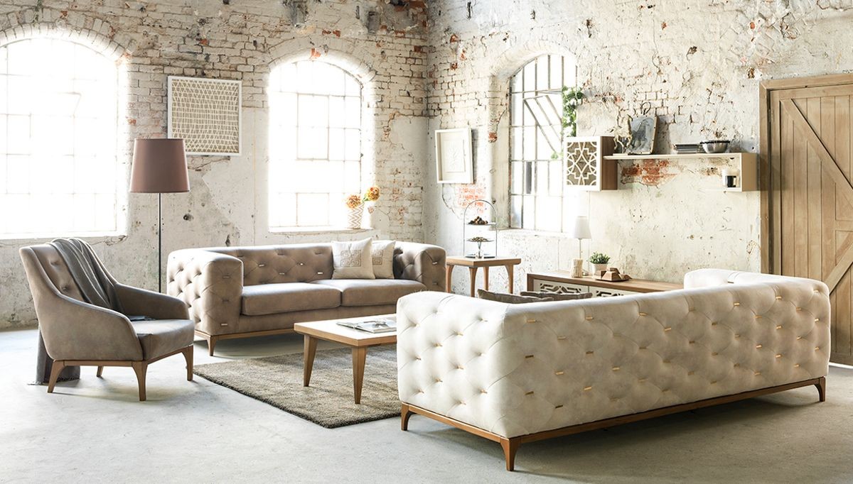 Modern Luxury Chesterfield Sofa Set Gray and White