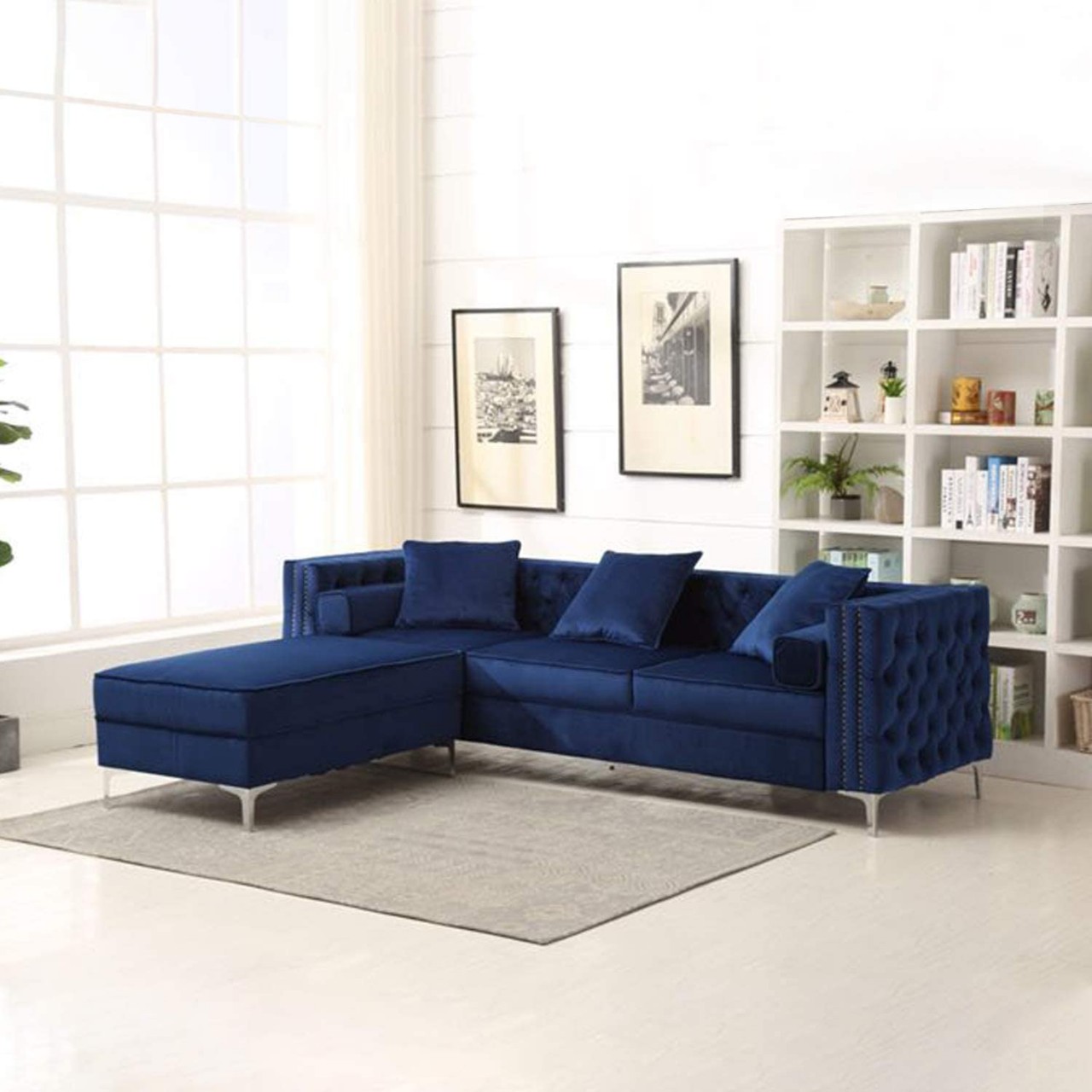 Modern Luxury Sectional Sofa Velvet 3-Seat Sofa with Movable Chaise Ottoman 3 Cushions 2 Pillows
