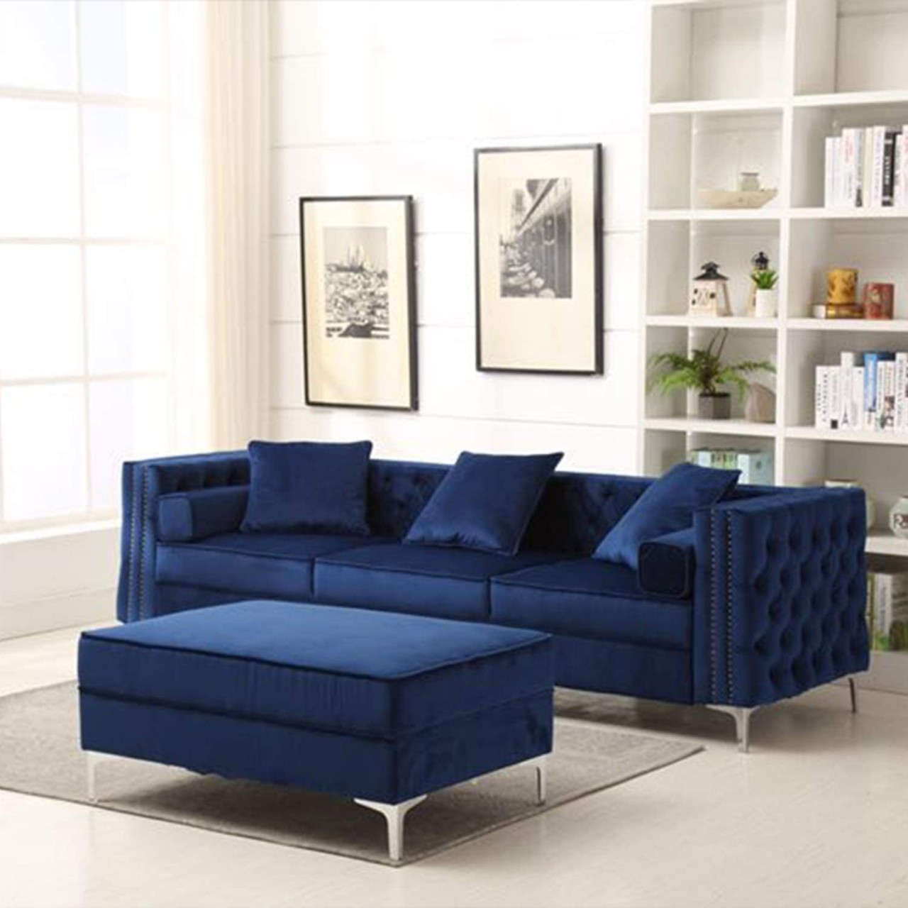 Modern Luxury Sectional Sofa Velvet 3-Seat Sofa with Movable Chaise Ottoman 3 Cushions 2 Pillows