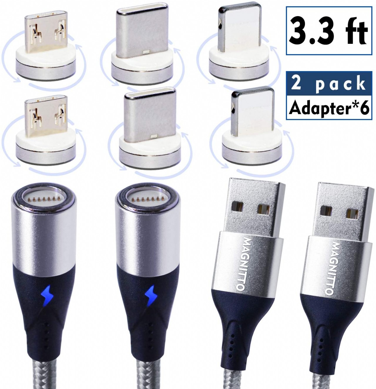 Multi Charging Cable, Magnetic Multi Charger Adapter 3FT Nylon Braided Universal 3 in 1 Multiple USB
