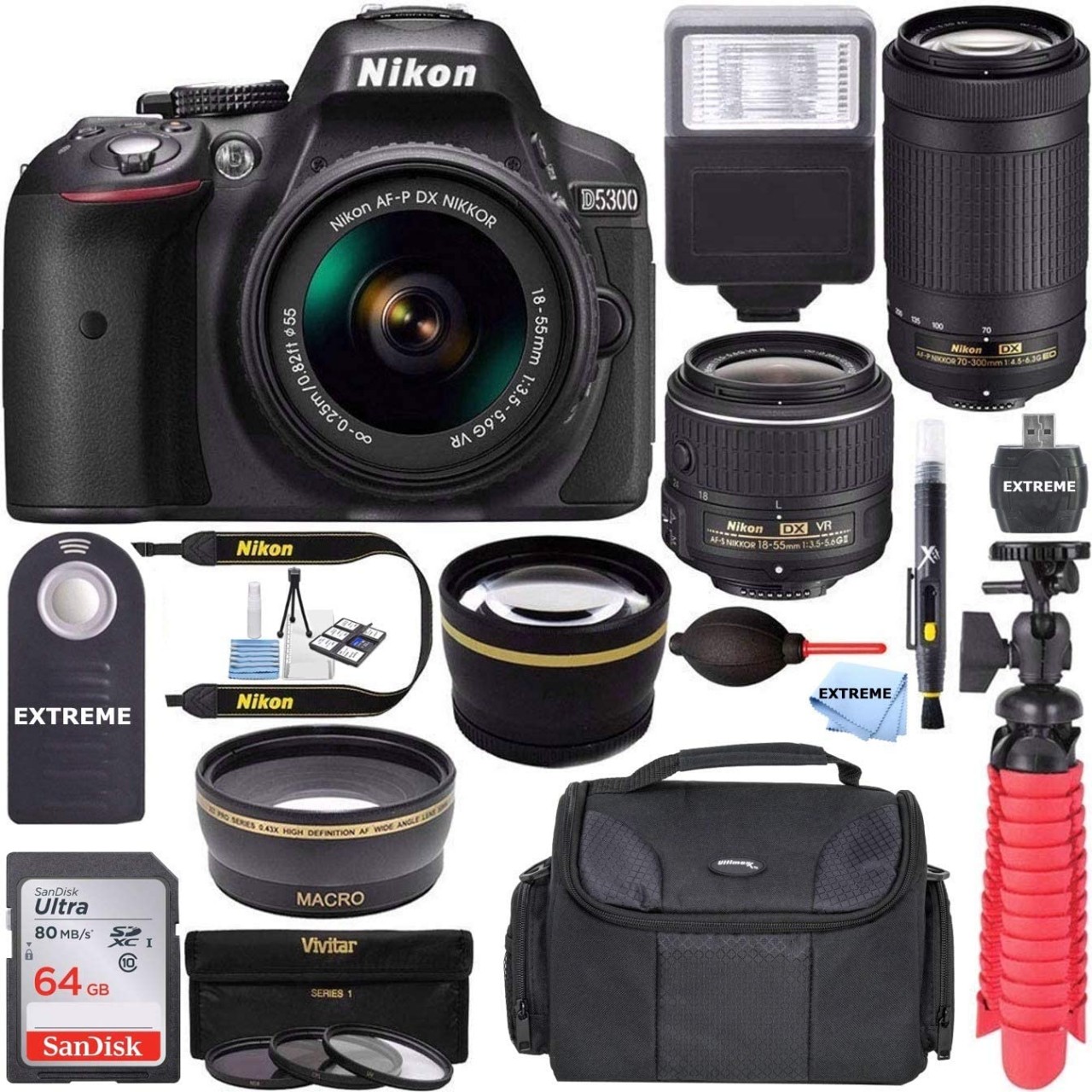 Nikon D5300 24.2 MP DSLR Camera + AF-P DX 18-55mm & 70-300mm NIKKOR Zoom Lens Kit + 64GB Memory + Ph