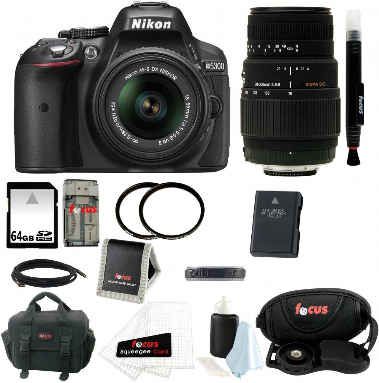 Nikon D5300 DSLR Camera with 18-55mm VR NIKKOR Zoom Lens (Black) w/ Sigma 70-300mm Macro Lens