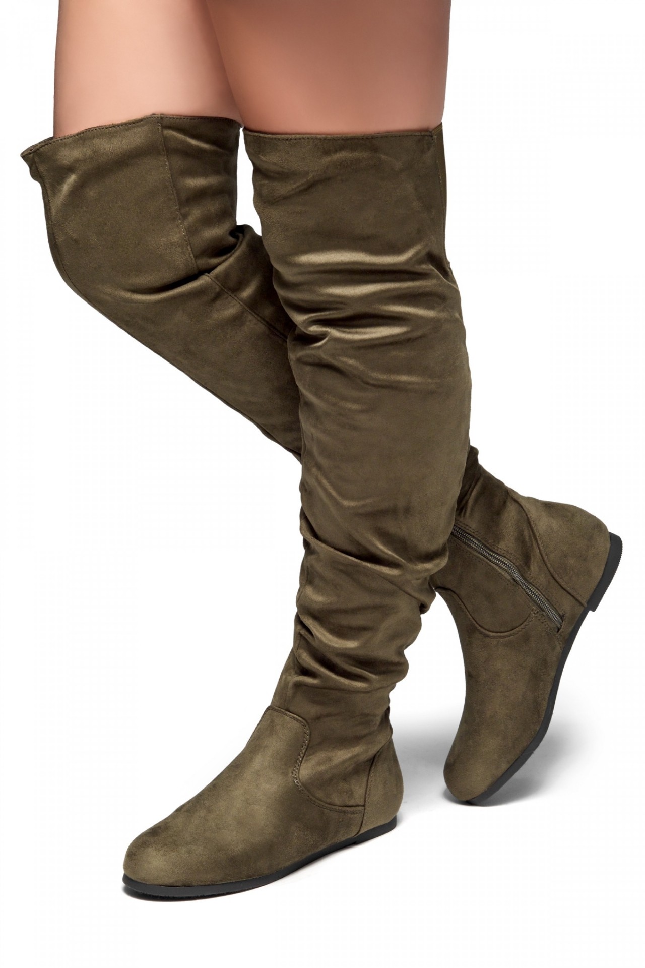Odessa Women's Fashion-Hi Over-the-Knee Thigh High Flat Slouchy Shaft Low Heel Boots Olive