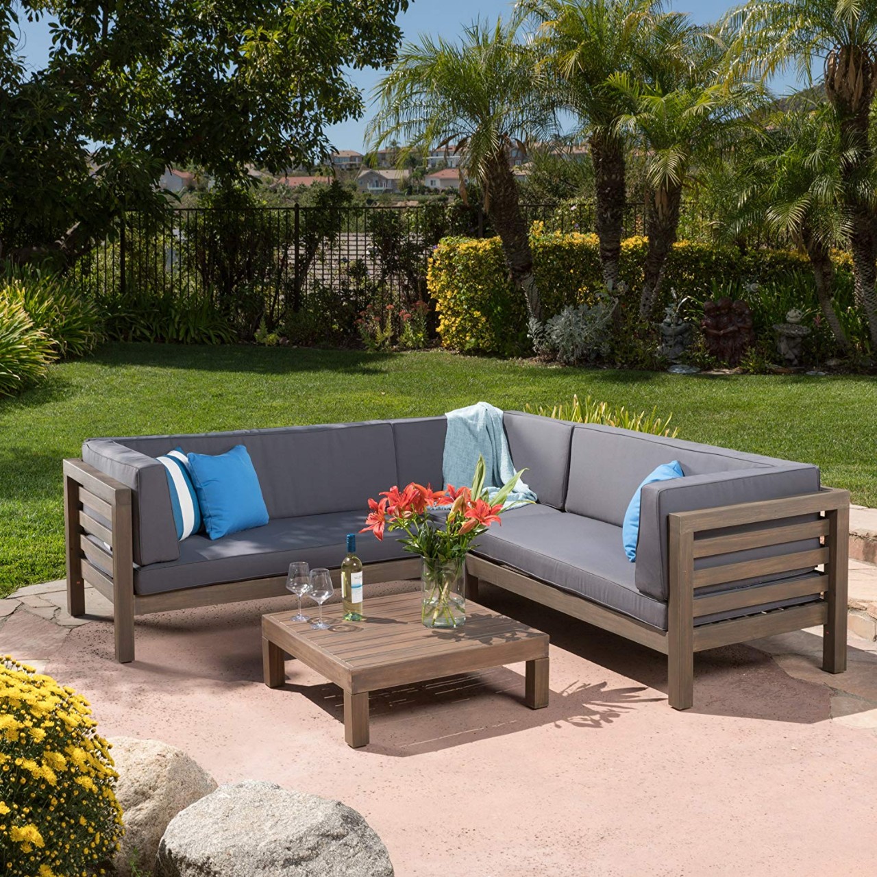Outdoor Patio Furniture 4 Piece Wooden Sectional Sofa Set w/Water Resistant Cushions (Grey)