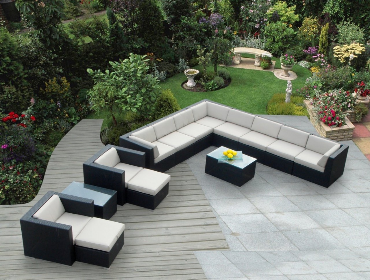 Outdoor Patio Furniture Sectional Conversation Set, Black Wicker with Beige Cushions