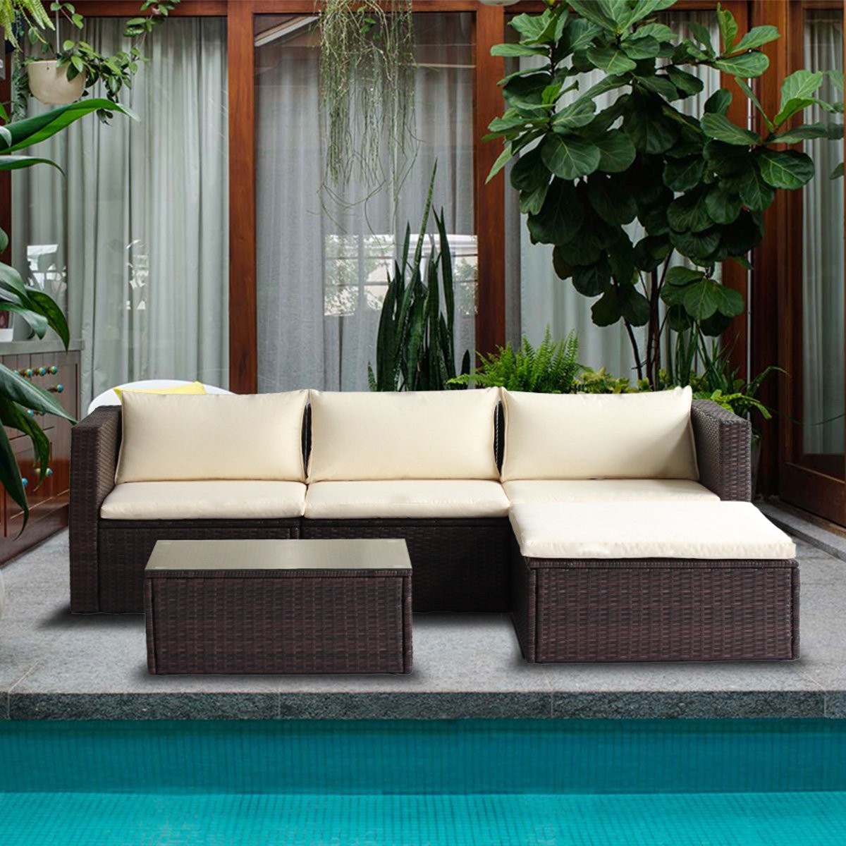 Outdoor Patio Furniture Set Cushioned PE Rattan Sectional Garden Sofa - Beige Cushions