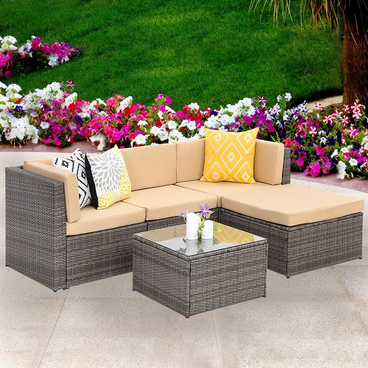 Outdoor Sectional Patio Furniture,5 Piece Wicker Rattan Sofa Couch with Ottoma Conversation Set Gray