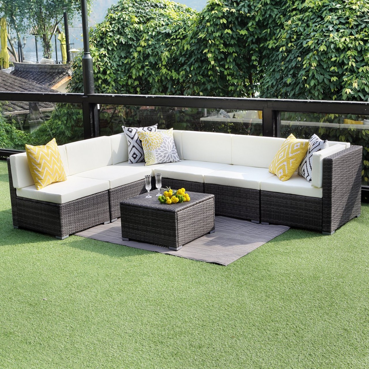 Outdoor Sectional Sofa Seating with Ottoman and Table, All Weather Grey Wicker