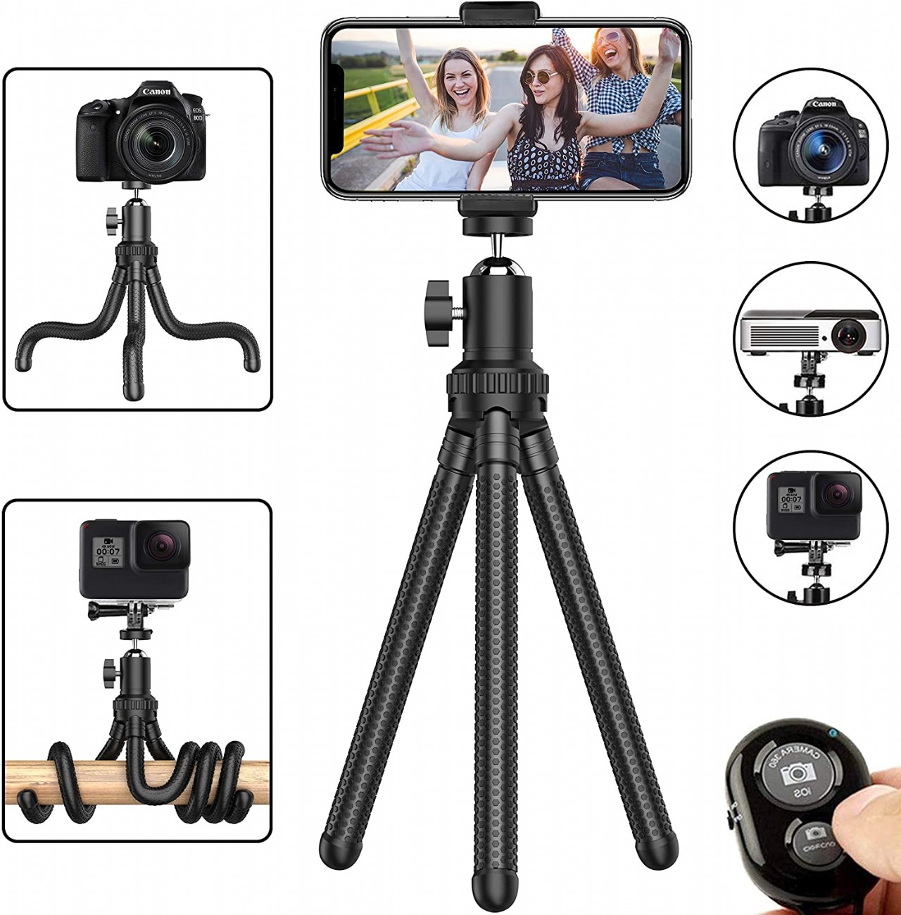 Phone Tripod, Portable Cell Phone Camera Tripod Stand with Wireless Remote, Flexible Tripod Stand