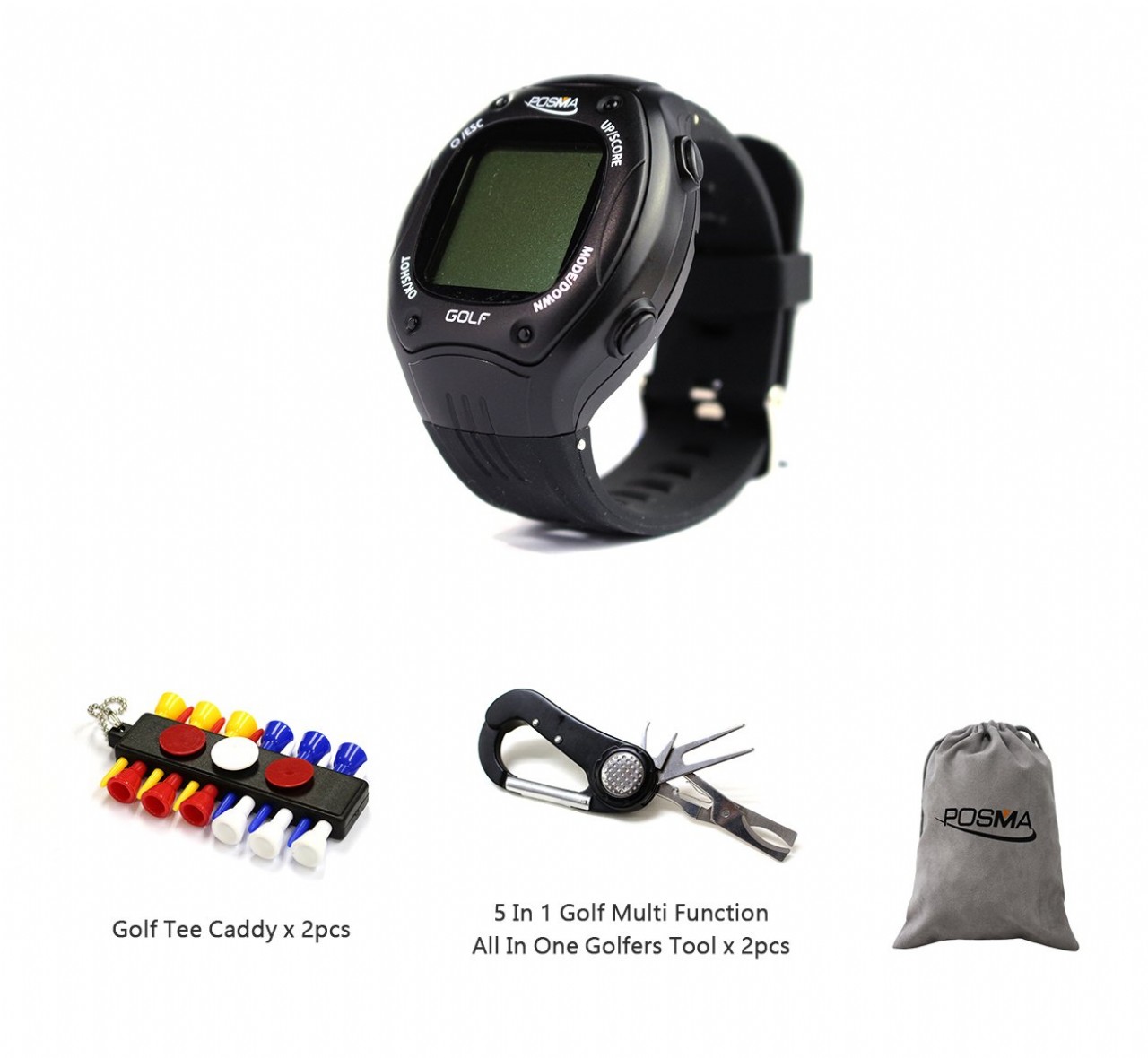 POSMA GT1PD GT1Plus Golf Trainer GPS Golf Watch Bundle Set with 2pcs tee Caddy + 2pcs 5 in 1 Golf