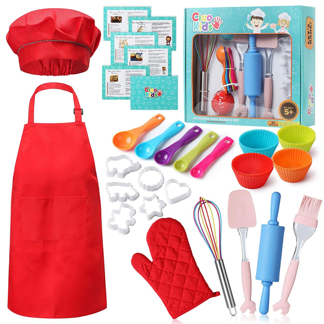 Real Kids Baking Set 35 Pcs includes Kids Apron, Chef Hat, Oven Mitt, Real Baking Tools and Recipes