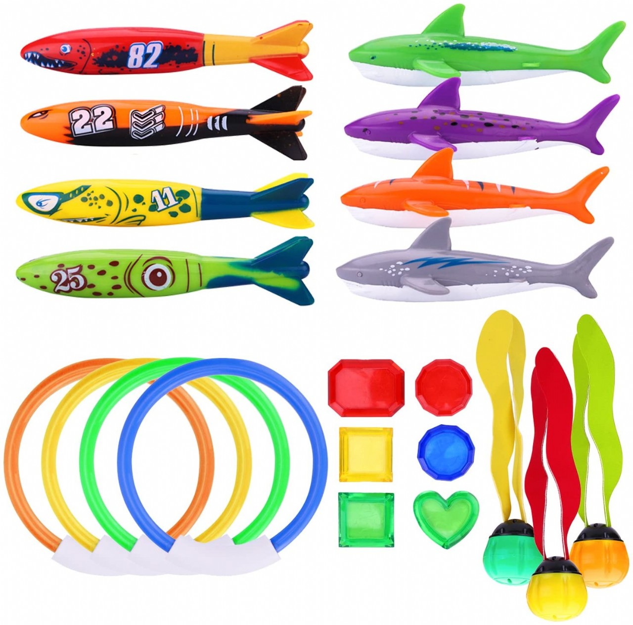 R.HORSE 21 PCS Underwater Swimming/Diving Pool Toy Set, Diving Rings, Toypedo Bandits, Diving Toy