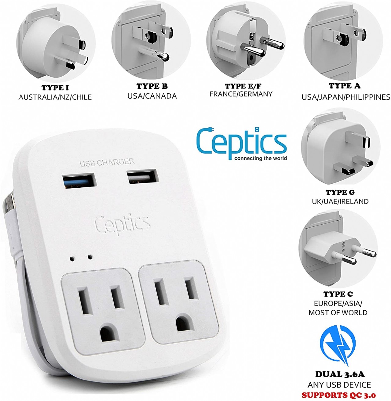 Safest Travel Adapter Kit, Dual USB for iPhone, Chargers, Cell Phones, Laptop Perfect for Travelers
