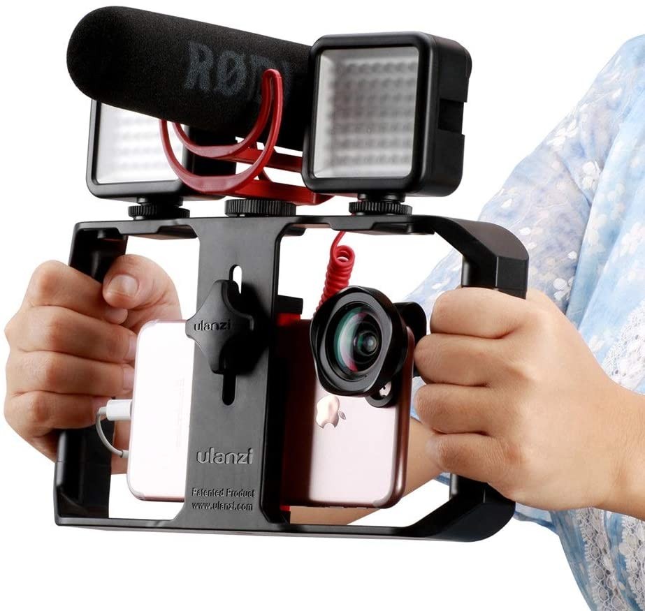 Smartphone Video Rig with 3 Shoe Mounts Handheld Phone Stabilizer Handle Grip Tripod Mount