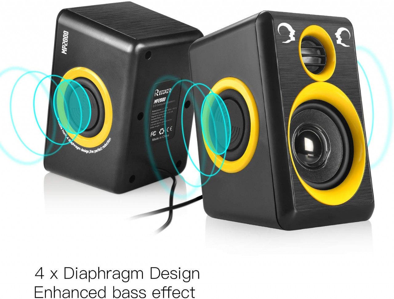 Subwoofer Computer Speakers, Reccazr MP2000 Stereo 2.0 Wired Multimedia Speakers, USB Powered 3.5mm