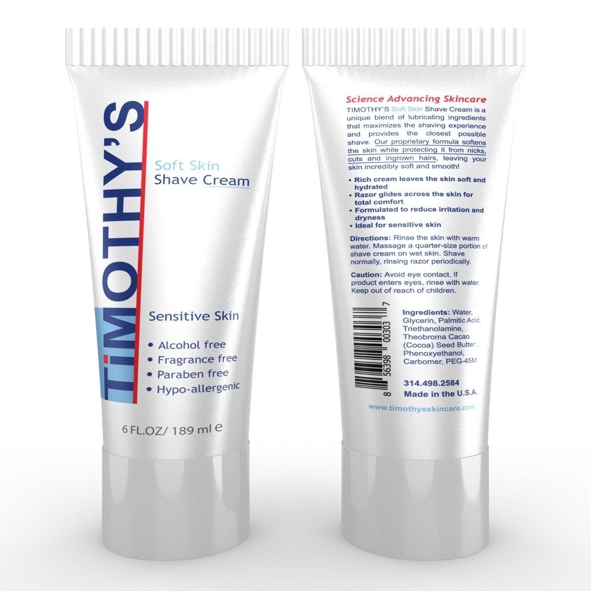 Timothy's Unscented Shave Cream Sensitive Skin Fragrance Free Alcohol Free Paraben Free
