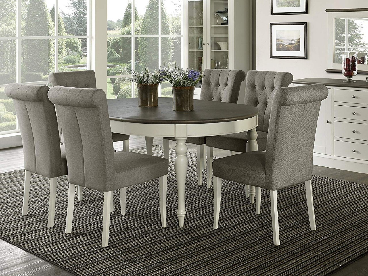 Vegas 7 Piece Round To Oval Extension Dining Table Set for 6 Parsons Chairs