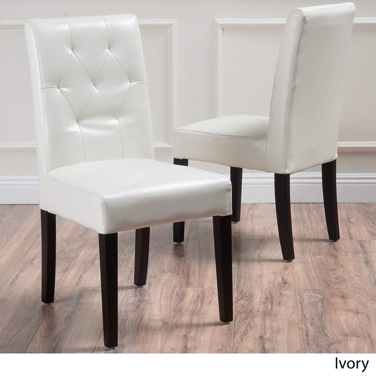 White Ivory Leather Dining Chairs Tufted Backrest diamond-patterned