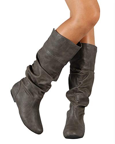 Womens Mid Calf Flat Heel Soft Leather Slouch Boots