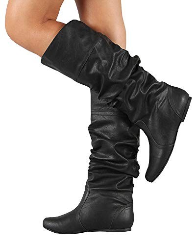 Womens Wide Calf Mid Calf Faux Leather Scrunch Flat Riding Boot