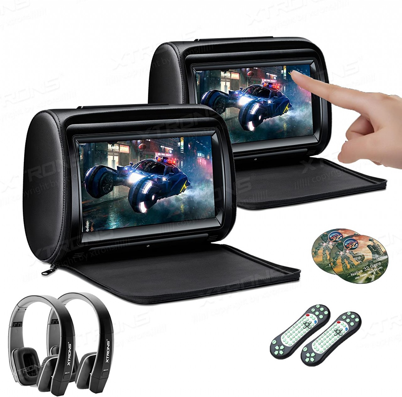 XTRONS 2 x 9 Inch Pair Car Headrest DVD Player HD Digital Adjustable Touch Screen 1080P Video Auto