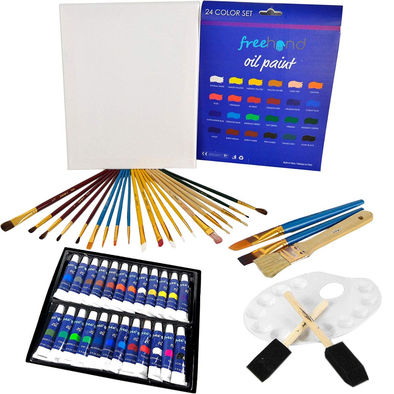 XXL Oil Paint Set - 24 Paints, 25 Brushes, 1 Canvas, and Art Palette - Oil Painting Supplies for Kid