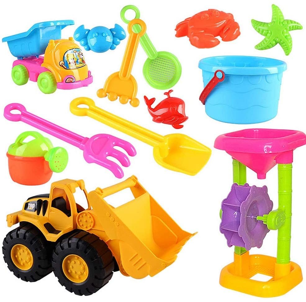 YADSHENG Beach Toys 13 Pieces Beach Pail Set Sand Water Toys Set for Kids with Molds Bucket Bulldoze