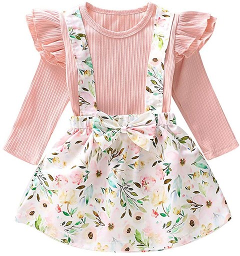 0-4T Toddler Infant Baby Girls Tops Dresses 2 pcs Cute Long Sleeve T Shirt Floral Print Strap Bow