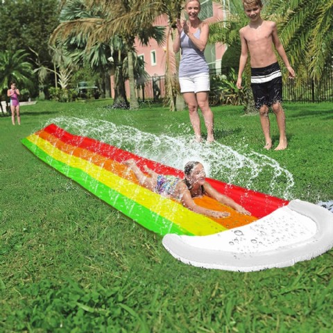 14 FT Lawn Water Slides, Rainbow Slip Slide Play Center with Splash Sprinkler and Inflatable Crash