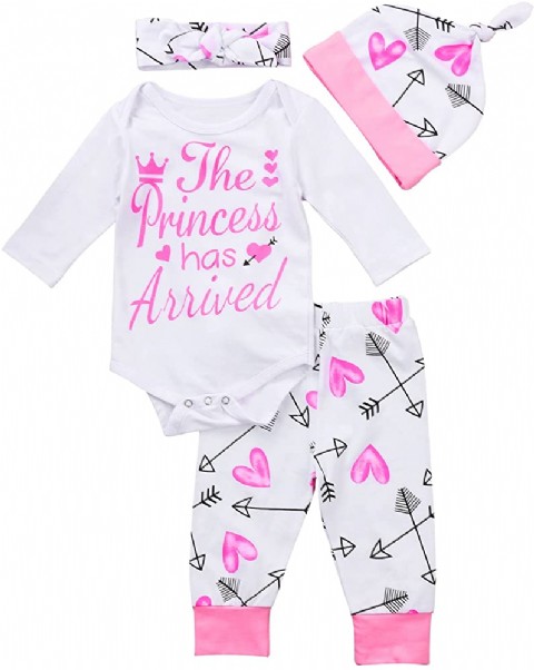 4 pcs Baby Girls Pants Set Newborn Infant Toddler Letter Romper Arrow Heart Pants Hats Headband