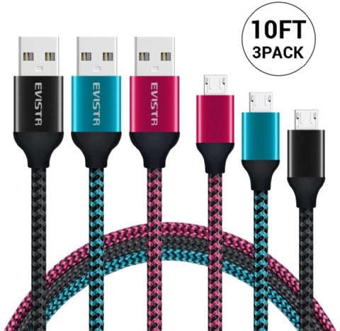 Cell Phone Micro USB Cable, EVISTR 3PACK 10FT Durable Nylon Braid Cell Phone Charging Cable USB 2.0